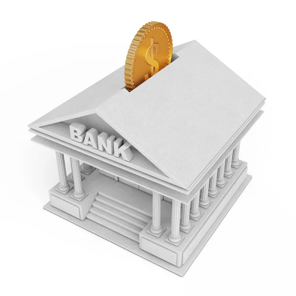 Bank Building con Moneta d'Oro come Moneybox. 3d Rendering — Foto Stock