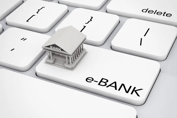 Bank Building over Computer Keyboard with e-Bank Sign. 3d Render