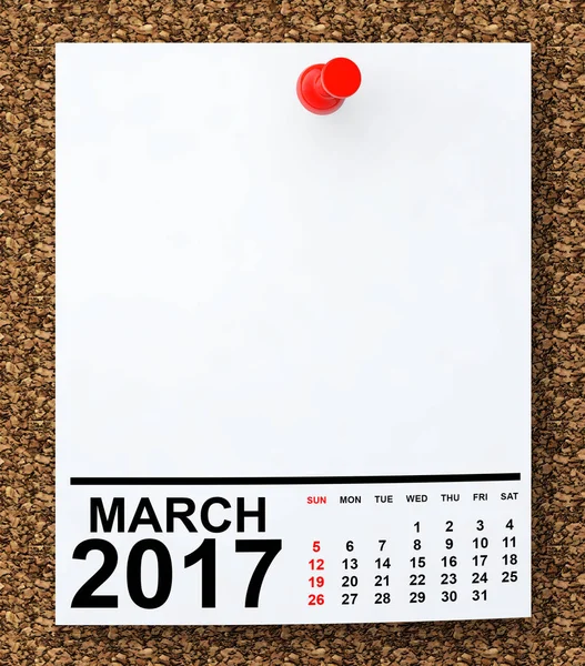 Calendário Março de 2017. Renderização 3d — Fotografia de Stock