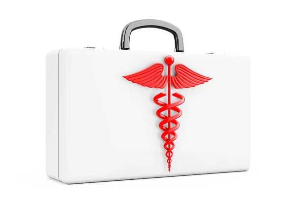 Símbolo Caduceo Rojo delante del botiquín de primeros auxilios. Renderizado 3d — Foto de Stock