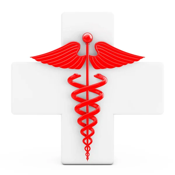 Rotes Caduceus-Symbol vor weißem Kreuz. 3D-Darstellung — Stockfoto