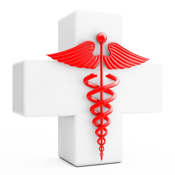 Червоний кадуцей символ перед білим хрестом. 3D-рендерінг — стокове фото