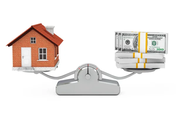 Casa com Dinheiro Balanceamento em uma Escala de Ponderação Simples. Rende 3d — Fotografia de Stock