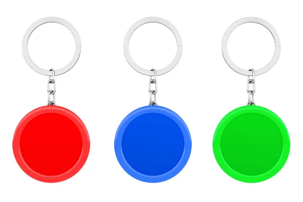 Blanko mehrfarbiger Schlüsselanhänger aus Metall mit Schlüsselanhänger. 3D-Darstellung — Stockfoto