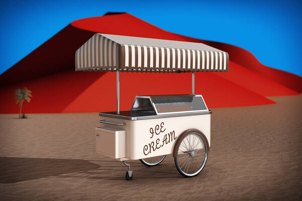 Ice cream cart in Abstract Desert with Red Dunes. 3d Rendering