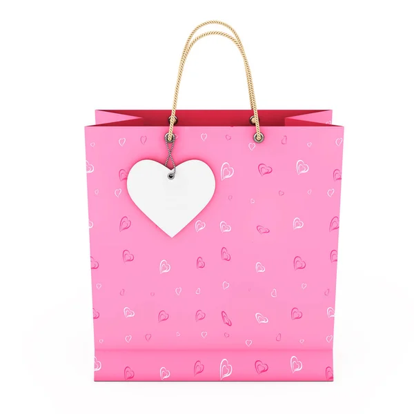 रस्सी पर व्हाइट हार्ट लेबल के साथ गुलाबी पेपर शॉपिंग बैग। 3 डी रेंडे — स्टॉक फ़ोटो, इमेज