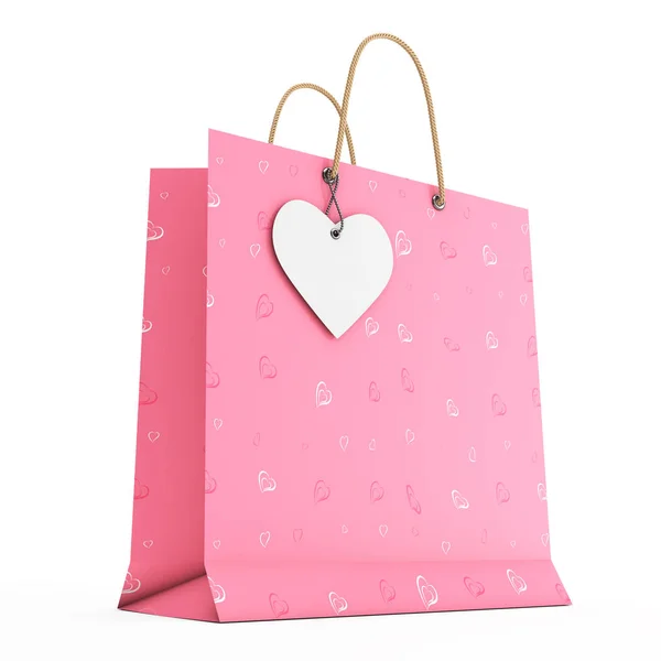 Roze papieren boodschappentas met wit hart Label op touw. 3D-Rende — Stockfoto