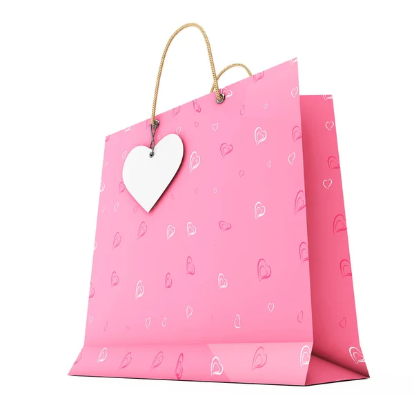 Bolsa de compras de papel rosa con etiqueta de corazón blanco en la cuerda. 3d Rende — Foto de Stock