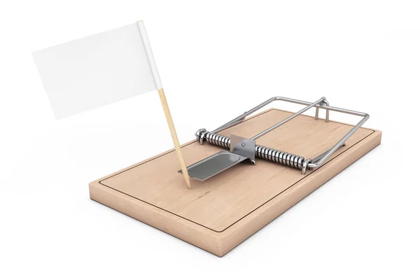 Trappola per topi in legno con bandiera bianca per il tuo segno. 3d Rendering — Foto Stock
