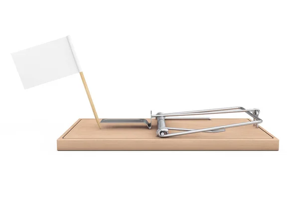 Trampa de ratón de madera con bandera en blanco para su signo. Renderizado 3d — Foto de Stock