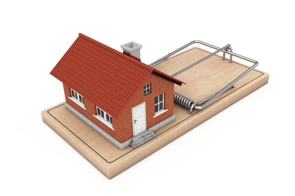 Conceito de Empréstimo à Construção. Construção de casa sobre Mousetrap de madeira. 3d — Fotografia de Stock