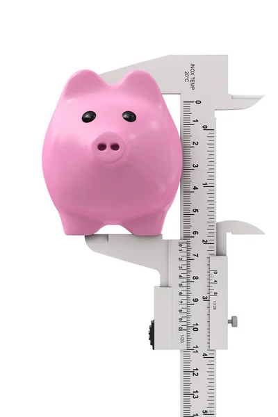 Size of Savings Concept. Piggy Bank with Vernier Caliper Sliding — Stock Photo, Image