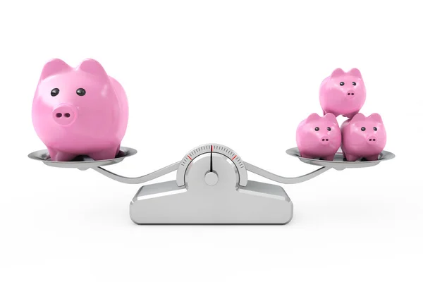 Piggy Banks over Simple Balance Weighting Scale (dalam bahasa Inggris). Perender 3d — Stok Foto