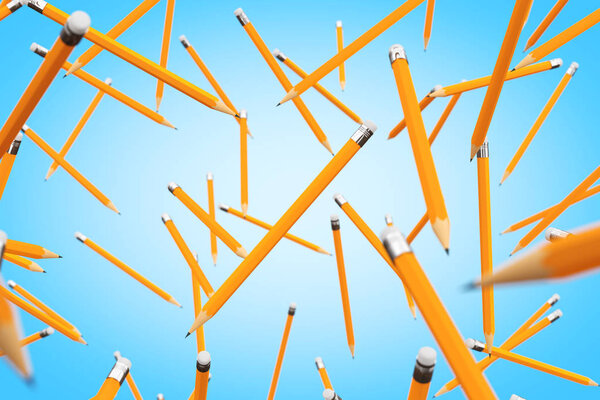 Many Pencils Flying. 3d Rendering