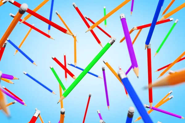 Vele meerkleurige potloden vliegen. 3D-rendering — Stockfoto