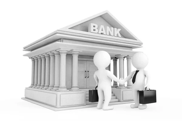 3d Businessman Characters Shaking Hands near Bank Building. 3d R — Stock Photo, Image
