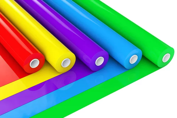 Rotoli o stagnola di plastica del nastro del politene del PVC multicolore. 3d Renderin — Foto Stock