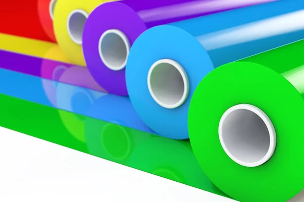 Rollos de cinta de plástico de polietileno de PVC multicolor o papel de aluminio. Renderina 3d —  Fotos de Stock