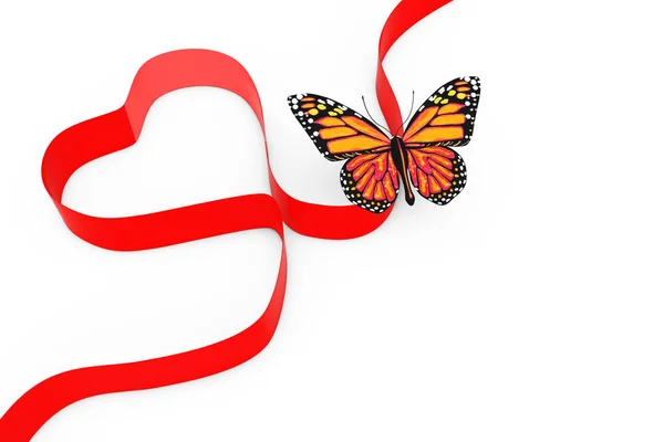 Motýl nad červenou stužkou ve tvaru srdce. 3D vykreslování — Stock fotografie