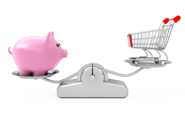 Piggy Bank és a bevásárló kosár kiegyenlítő egy egyszerű súlyozási Sc — Stock Fotó