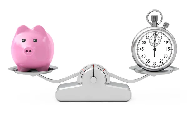 Piggy Bank and Stopwatch Balancing on a Simple Weighting Scale. — Stock Photo, Image