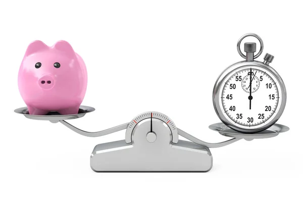 Piggy Bank and Stopwatch Balancing on a Simple Weighting Scale. — Stock Photo, Image