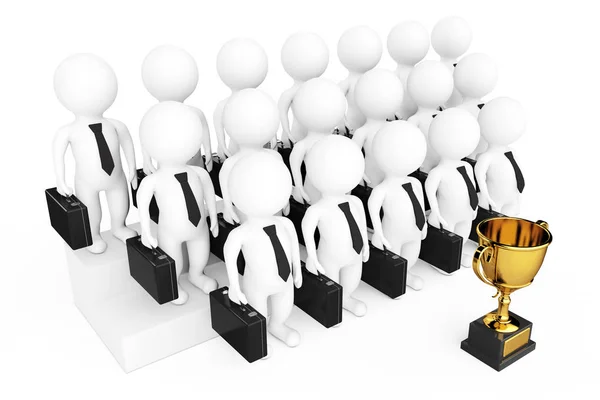 Goldene Trophäe vor 3d Geschäftsmann Team Charaktere. 3d ren — Stockfoto