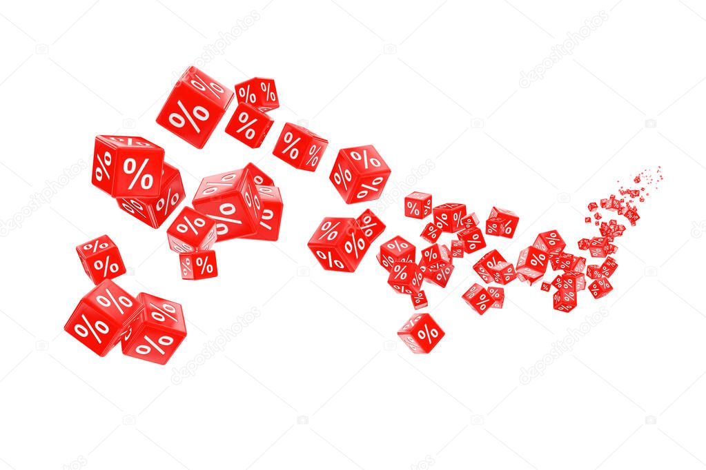 Flying Red Percent Sale Cubes. 3d Rendering