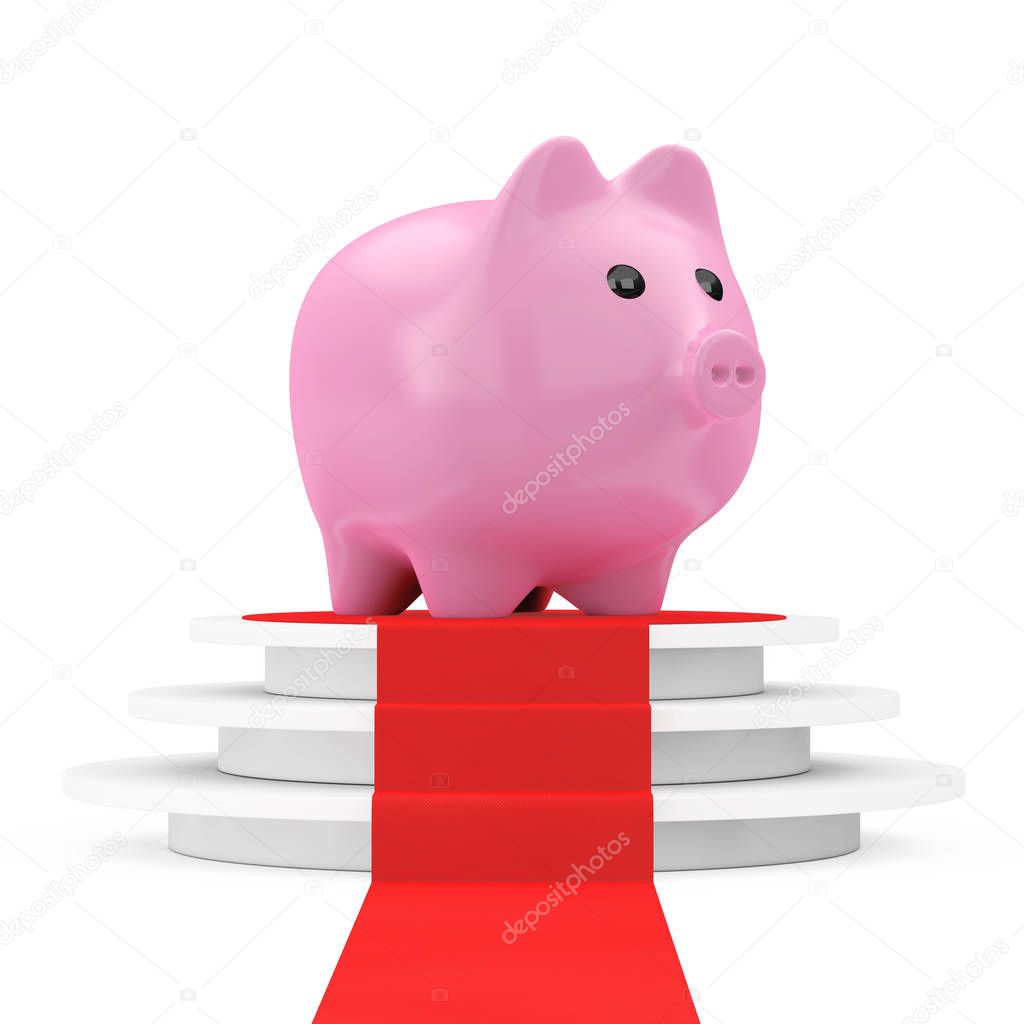 Save Money Concept. Piggy Bank over Winner Podium with Red Carpe