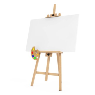 Ahşap sanatçı şövale beyaz sahte tuval ve palet ile. 3D re