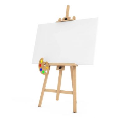 Wooden Artist Easel with White Mock Up Canvas and Palette. 3d Re clipart