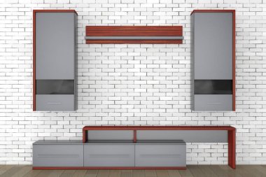 Modern oturma odası duvar ünitesi. 3D render