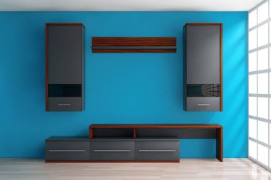 Modern oturma odası duvar ünitesi odasında. 3D render