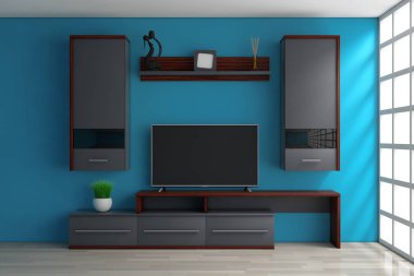 Modern oturma odası duvar ünitesi odasında. 3D render