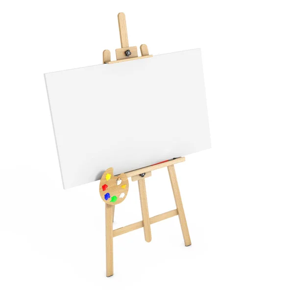 Easel de artista de madera con blanco Mock Up Lienzo y paleta. 3d Re —  Fotos de Stock