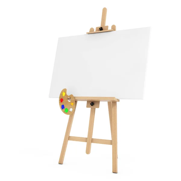 Easel de artista de madera con blanco Mock Up Lienzo y paleta. 3d Re —  Fotos de Stock