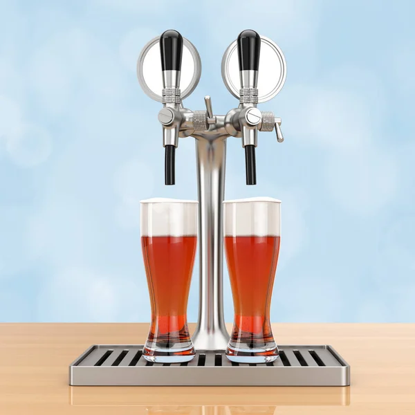 Bar Beer Tap com copos de cerveja. Renderização 3d — Fotografia de Stock