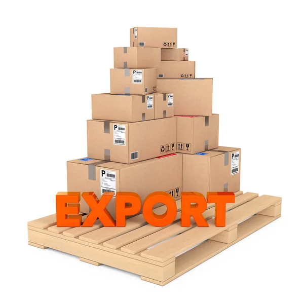 Concepto de exportación. Cajas de cartón en paleta de madera con exportación Si —  Fotos de Stock