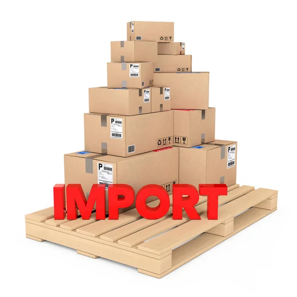 Concepto de importación. Cajas de cartón en paleta de madera con importación Si —  Fotos de Stock