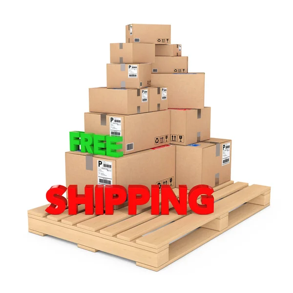 Concepto de envío gratuito. Cajas de cartón en paleta de madera con Fr —  Fotos de Stock