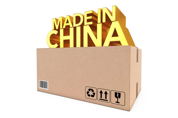 Знак Golden Made in China над коробкой для посылок. 3D-рендеринг — стоковое фото
