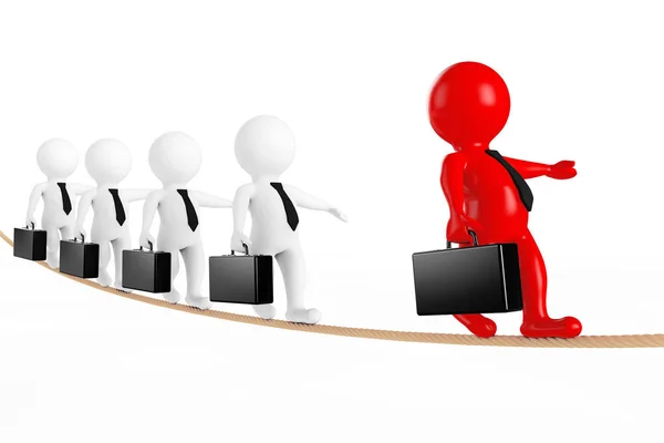 Teamwork Concept. Leader with Business Team balanced on Rope. 3d — Stock Photo, Image
