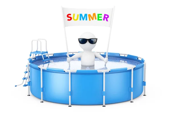 Persona 3d con bandera de placa de verano en azul portátil al aire libre Ro — Foto de Stock