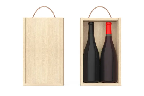 Vinflaskor i tomma trä vin pack med handtag. 3D-rendering — Stockfoto