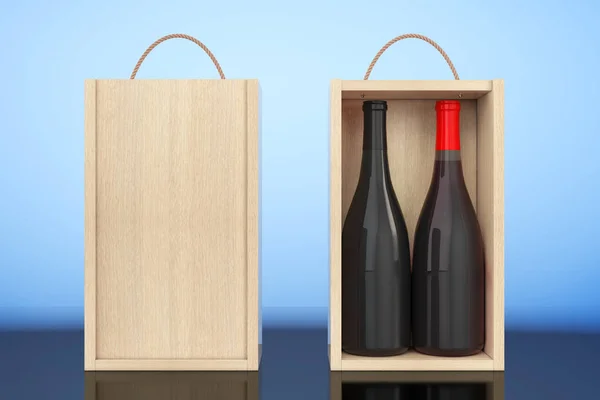 Garrafas de vinho em branco Pacote de vinho de madeira com alça. Renderização 3d — Fotografia de Stock