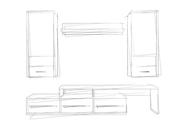 Sketches Hand Drawing of Modern Living Room Wall Unit. 3d Render — Stock Photo, Image