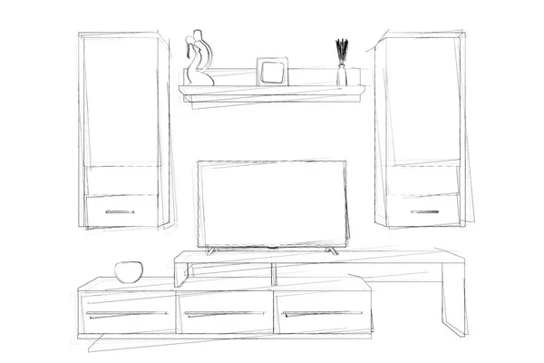 Sketches Hand Drawing of Modern Living Room Wall Unit. 3d Render — Stock Photo, Image