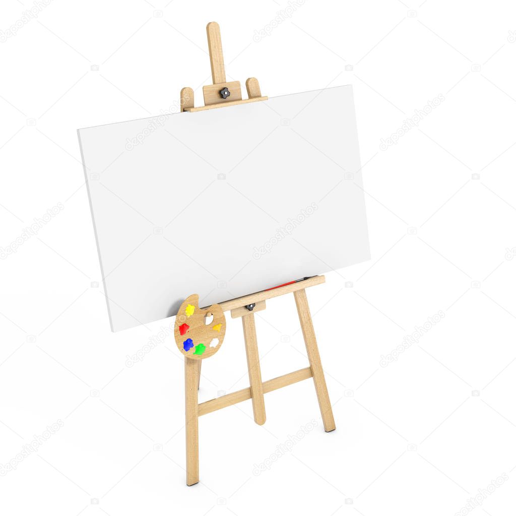 Wooden Artist Easel with White Mock Up Canvas and Palette. 3d Re