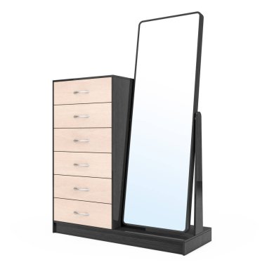 Modern ahşap şifoniyer ayna ile. 3D render