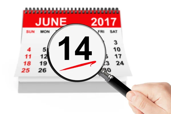 Flaggans dag koncept. 14 juni 2017 kalender med förstoringsglas — Stockfoto
